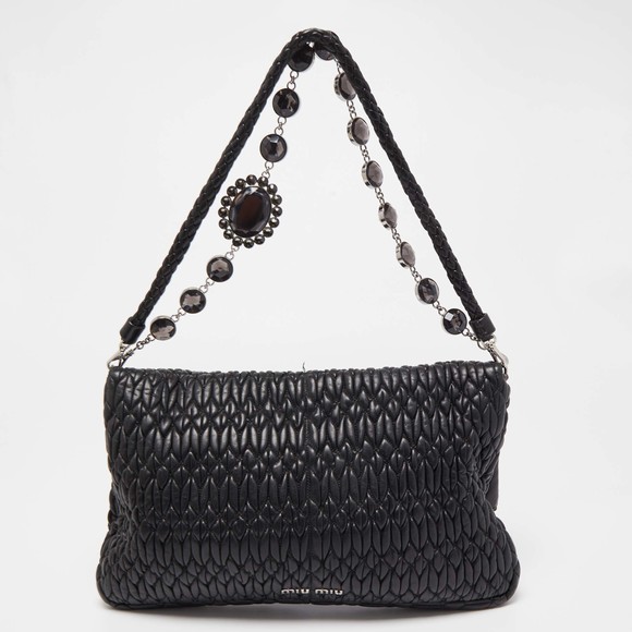 MIU MIU Black Matelasse Leather Crystal Shoulder Bag - Picture 4 of 8